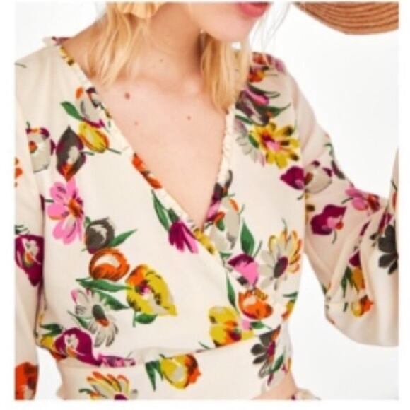 ZARA Floral Balloon Sleeve Blouse Faux Wrap Ruffle Trim Cropped Top - Picture 2 of 12